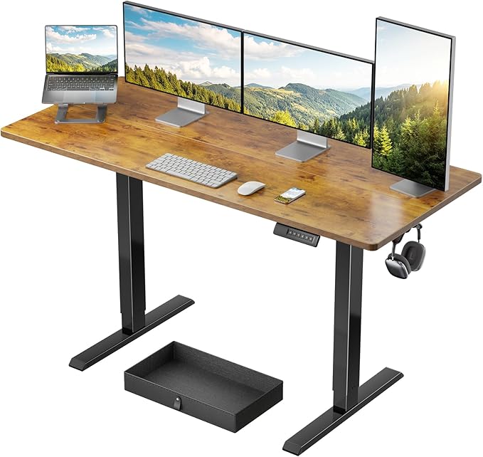 Marsail 55x24 Electric Standing Desk with Drawer, Computer Desk, Sit Stand Office Table with Storage & Hooks & Cable Management, Ergonomic Height Adjustable Table for Home Office, Brown