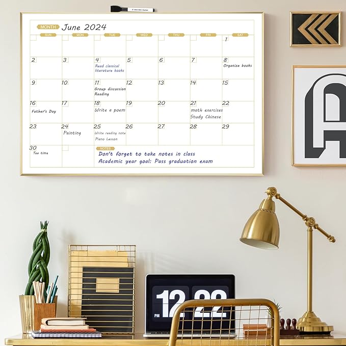 ARCOBIS Monthly Calendar Whiteboard, 36" x 24" Magnetic Dry Erase Calendar with Gold Frame, Wall Planner Board for Home, Office, School