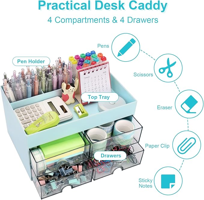 Desk Organizer, Office Organizer with Drawer, Desk Accessories & Workspace Organizers, Pen Holder Office Supplies for Desk (4 Drawers+4 Compartments, Blue)