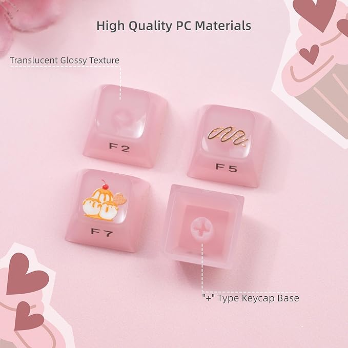 Womier Keyboard Keycaps Jelly,Ceramic Keycaps Style, Clear Ice-Cream Pink Cute Key Cap,Transparent Side Printed Custom 60 65 75 100 Percent for Cherry MX,Gateron Mechanical Keyboards,MDA Profile