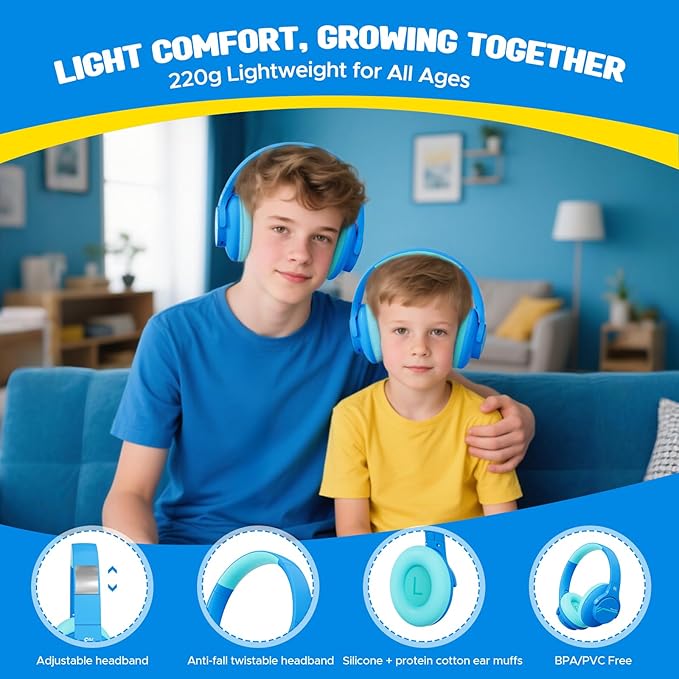Steellumen Nova1Lite Kids Wireless Active Noise Cancelling Headphones, Bluetooth 5.3, Safe Volume 74/85/94dB, Real 40H Battery, Type-C Fast Charging, boy Girl Built-in Mic for School Travel Airplane