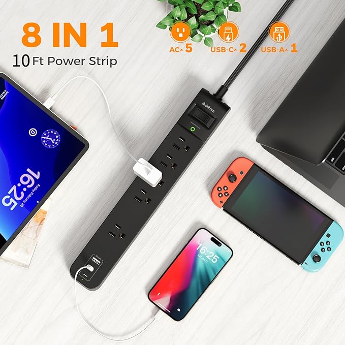 10Ft Surge Protector Power Strip- Addtam Extension Cord with 5 AC Outlets 3 USB Ports(2 USB C), 1875W/15A, Flat Plug, Outlet Extender for Home Office Supplies College Dorm Room Essentials,ETL Listed