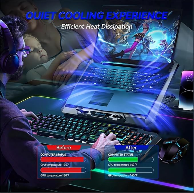 Laptop Cooling pad for Hp Chromebook x360 11 G4 Education Edition Gaming laptops, Laptop Cooler with 8 Fan, Adjustable Speed, 5-Level Height Adjustment, Mute Silent,2 USB-A Port，Built-in Phone Stand