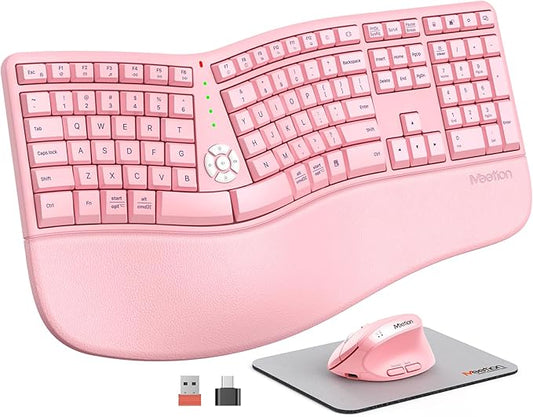 MEETION Ergonomic Keyboard and Mouse Combo, 2.4G Cordless Split Keyboard with Cushioned Palm Rest, Vertical Wireless Mouse, Natural Typing Full Size Keyboard, for Windows/Mac Pink