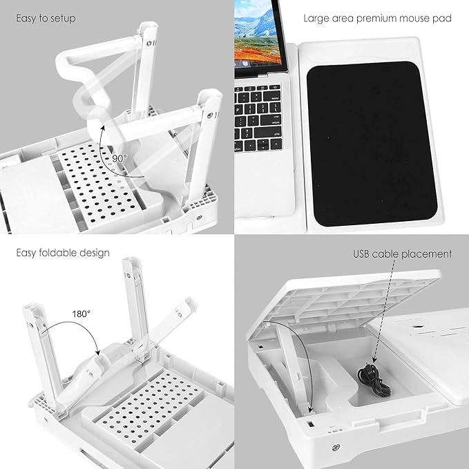iMountek Laptop Table Bed Notebook Desk-Multi-Functional Laptop Bed Table Tray with Internal Cooling Fan, Laptop Desks with LED Light, 4 USB Ports, Storage, Mouse Pad (white)