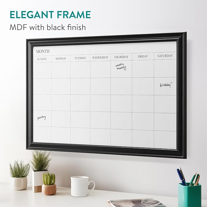 Navaris Framed Calendar Whiteboard for Wall - 29.5" x 19.7" Magnetic Dry Erase Monthly Planner - White Board with Frame - Includes Magnets and Marker