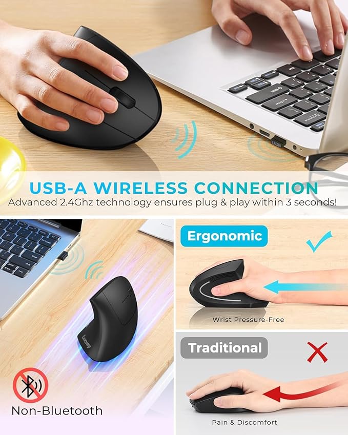 Lekvey Ergonomic Mouse, Vertical Wireless Mouse: Rechargeable Optical Carpal Tunnel Mice with 2.4G USB Receiver, 1000/1200/1600 DPI, 6 Buttons, for Laptop, Computer, Mac, PC, Desktop, Notebook, Black