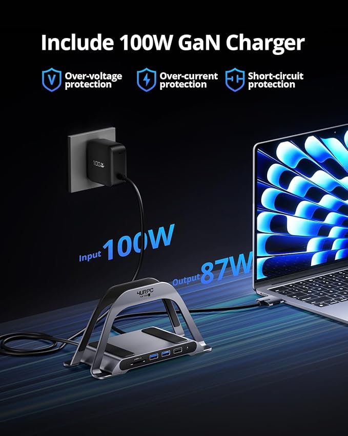 4URPC MacBook Pro Docking Station Dual Monitor 4K@60Hz with 100W Power Adapter, USB C Docking Station Vertical Stand for MacBook Pro/Air with 2 HDMI, USB 3.0, SD&microSD, Ethernet, Audio