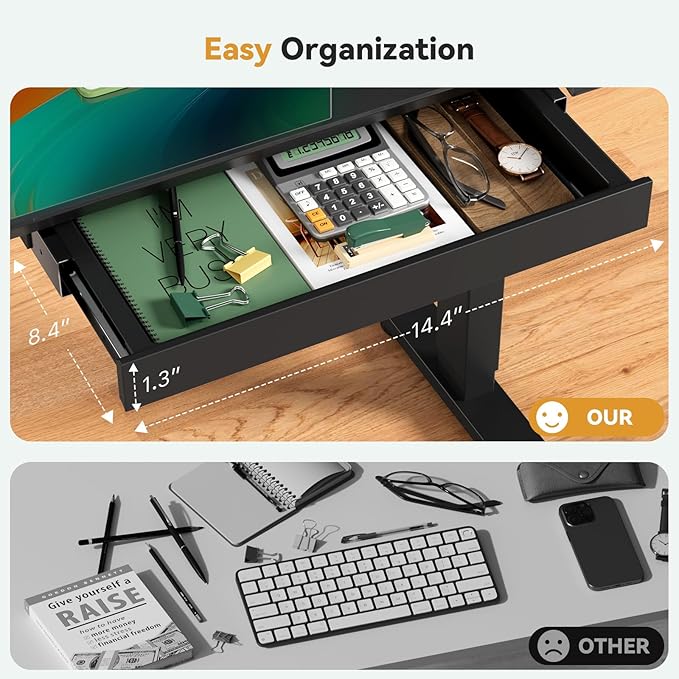 Glass Standing Desk with Drawer, Electric Sit Stand Desk with Wheels, 35×20Inch Whole Piece Height Adjustable Rising Table, Small Computer Workstation, Black