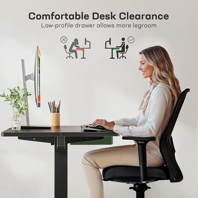 Marsail 48x24 Electric Standing Desk with Drawer, Computer Desk, Sit Stand Office Table with Storage & Hooks & Cable Management, Ergonomic Height Adjustable Table for Home Office, Black