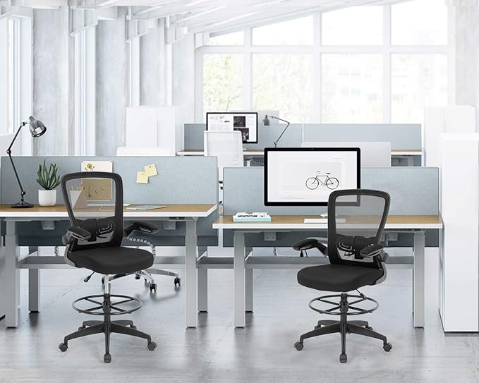 BestOffice Drafting Chair Tall Office Chair Adjustable Height with Lumbar Support Flip Up Arms Footrest Mid Back Task Mesh Desk Chair Computer Chair Drafting Stool for Standing Desk, Black