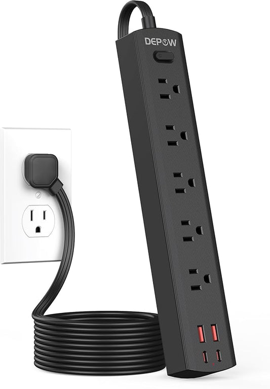Black Surge Protector Power Strip, Ultra Thin 5 Ft Flat Plug Extension Cord, 1700 Joules, 5 Widely Spaced Outlets with 4 USB Ports (2USB-C), 1625W/13A, Wall Mount for Home Office, Black