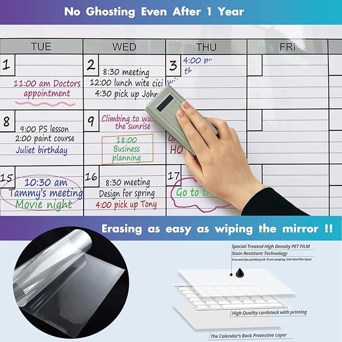 Dry Erase Monthly Extra Large White board Calendar for Wall, 25" by 38", Jumbo Laminated Erasable One Month Whiteboard Calendar, Huge Oversized Blank 30-Day Poster with Lines and Squares