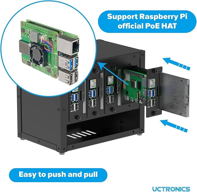 UCTRONICS Upgraded Complete Enclosure for Raspberry Pi Cluster, with 4 Removable Mounting Brackets for Pi 5, 4B, 3B+/3B, and Other B Model and 2 Cooling Fans,Support 4 2.5" SSD and Switch