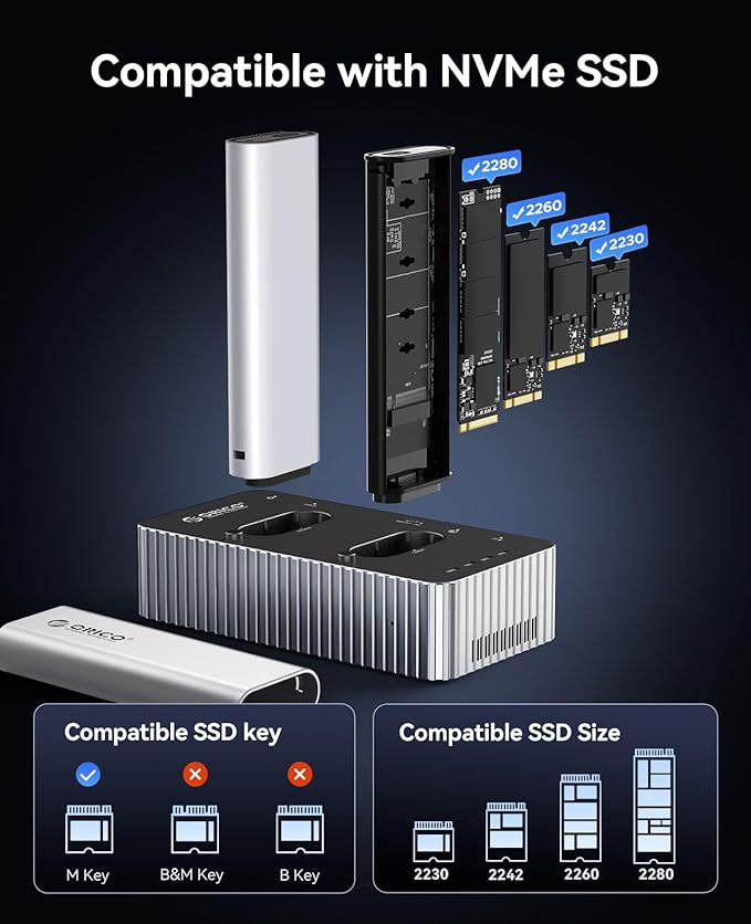 ORICO 40Gbps M.2 NVMe Hard Drive Docking Station with Offline Clone Dual-Bay NVMe Cloner with USB C Cable for Both (M Key, B+M Key) PCIE NGFF Dock, Compatible Size 22110 2280 2260 2242 2230-IT28N