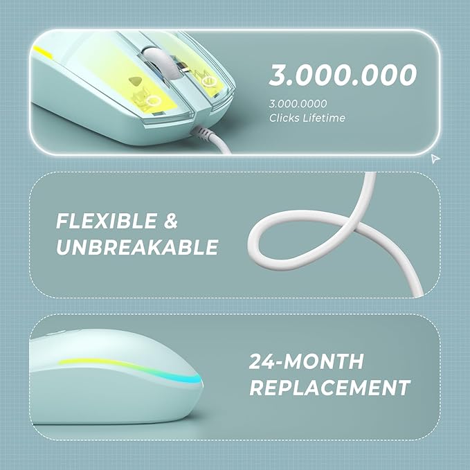 seenda Wired Mouse - USB Computer Mice Wired with RGB Backlit Optical LED Mouse with Attached USB Cord for Laptops Notebooks Chromebook - Mint Green