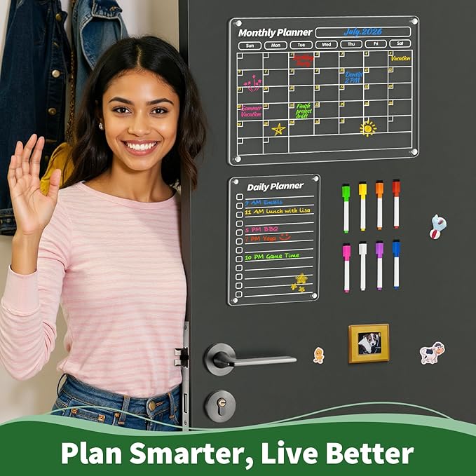FINDMAG Acrylic Dry Erase Magnetic Calendar for Fridge, 16"x12" Magnetic Calendar for Refrigerator, Clear Monthly and Weekly Meal Planner Fridge Magnets, Chore Chart for Kids with 8 Colors Markers