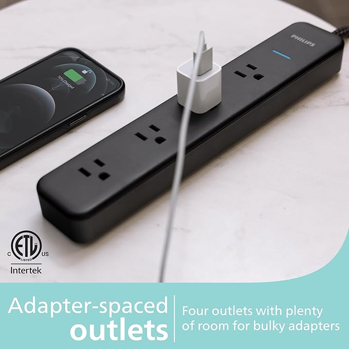 PHILIPS 4-Outlet Surge Protector Power Strip, 450J, Adapter-Spaced, 4ft Braided Cord, Outlet Extender, Extension Cord, for Home School or Office, Black, SPP3503B/37