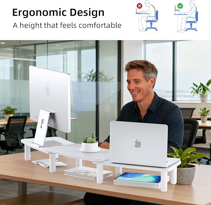 Dual Monitor Stand For Desk,Adjustable Height Long Wood Computer Riser For Computer,Laptop,Printer,TV,White