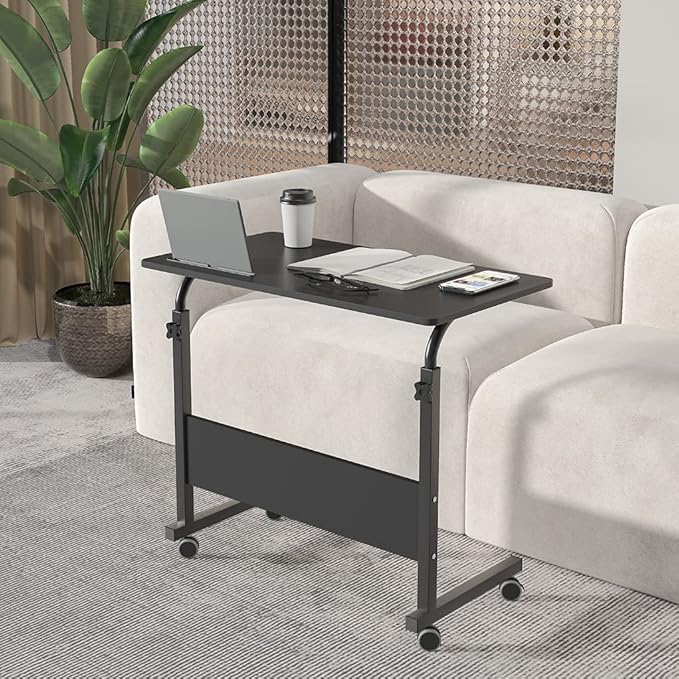 soges Rolling Laptop Desk Cart Height Adjustable, 31.5 inches Mobile Sofa Side Table with Tablet Slot, Portable Standing Laptop Table Desk, Small C Table for Sofa Couch Bed, Black