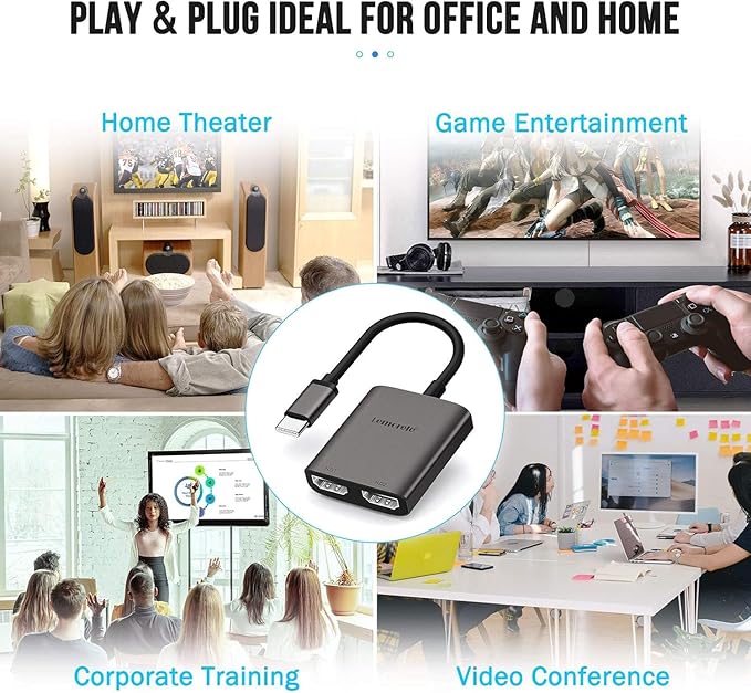 Lemorele USB C to Dual HDMI Adapter, Dual Monitor Adapter Converter Supports 4K@60Hz and Dual 4K@30Hz, for MacBook HP Dell Surface Thinkpad Type C Laptops, [macOS only Support SST Mode]