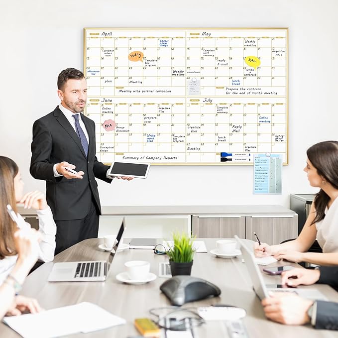 ARCOBIS Magnetic Calendar Whiteboard 36" x 24", 4 Months Dry Erase Calendar for Wall, Gold Frame White Board for Office, Home, School