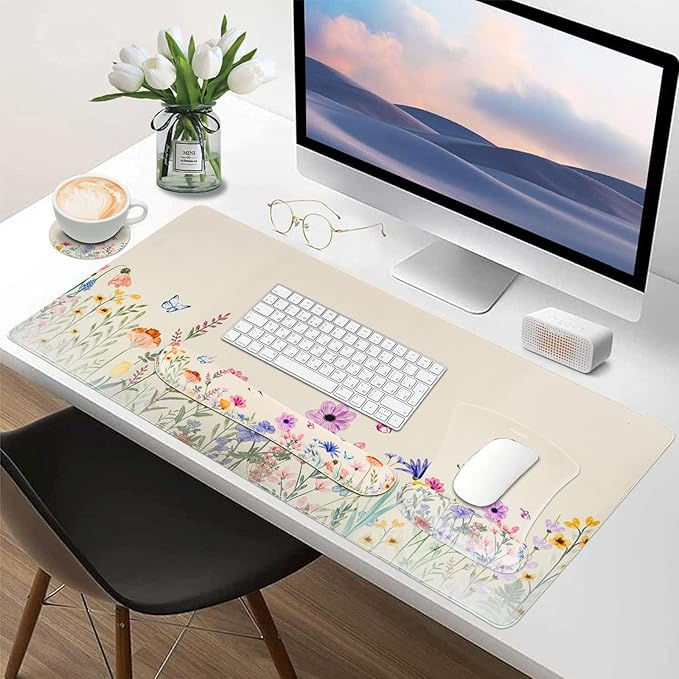 MEGREZ 4-in-1 Ergonomic Memory Foam Wrist Rest Set, Desk Pad, Mouse Pad with Wrist Rest, Keyboard Pad, Suitable for Office Workers, Programmers & Gamers–Relieve Typing & Gaming Fatigue, Light Beige