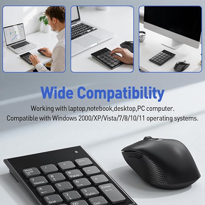 Wireless Number Pad and Mouse Combo, 19 Key USB Keypad and 3 Adjustable DPI Silent Mouse, 2.4GHz Ultra Slim Keypad for Laptop, PC, Desktop, Notebook – One USB Receiver, Portable and Lightweight