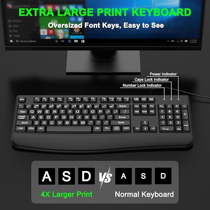 Large Print Keyboard, 2.4G Full-Sized Ergonomic WiredComputer Keyboard with Wrist Rest for Windows, Mac OS Laptop/PC/Desktop/Notebook(Large Print Black)