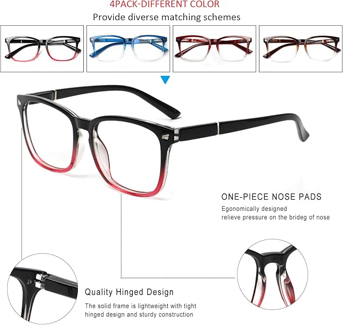 Henotin 4-Pack Blue Light Blocking Reading Glasses Women Men,Spring Hinge Computer Readers,Anti UV Ray Square Nerd Eyeglasses (Mixed Color-A, 1.75)