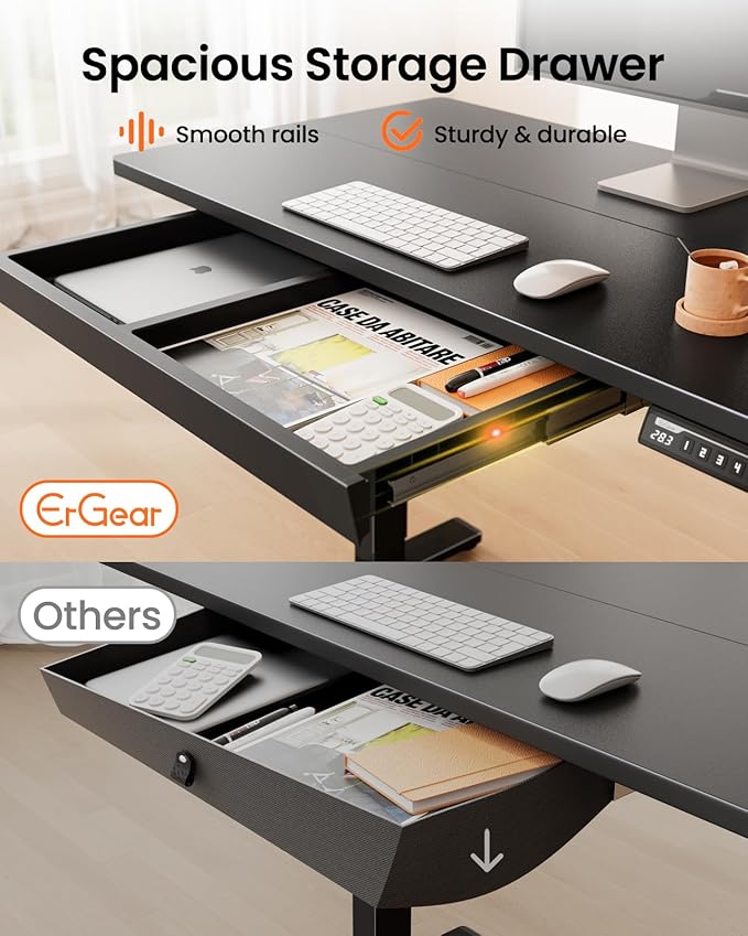 ErGear 55" x 24" Electric Standing Desk with Drawers, Height Adjustable Desk with 4 Preset Heights, Ergonomic Rising Home Office Computer Table with Splice Board, Black