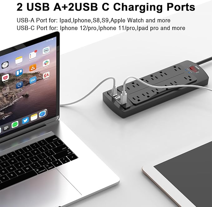 10 Ft Extension Cord Power Strip, Teiobar Surge Protector with 12 AC Outlets and 4 USB Ports for Home, Office, Dorm Essentials, 1875W/15A, 2700 Joules, ETL Listed, Black