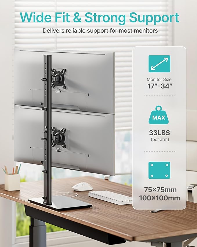 Vertical Dual Monitor Stand for 17–34 Inch Screens, Stacked Monitor Mount, Holds up to 33 lbs per Arm, Tabletop Screens Riser with Full Motion, 33.3" Pole 12 Height Settings, 75/100 VESA