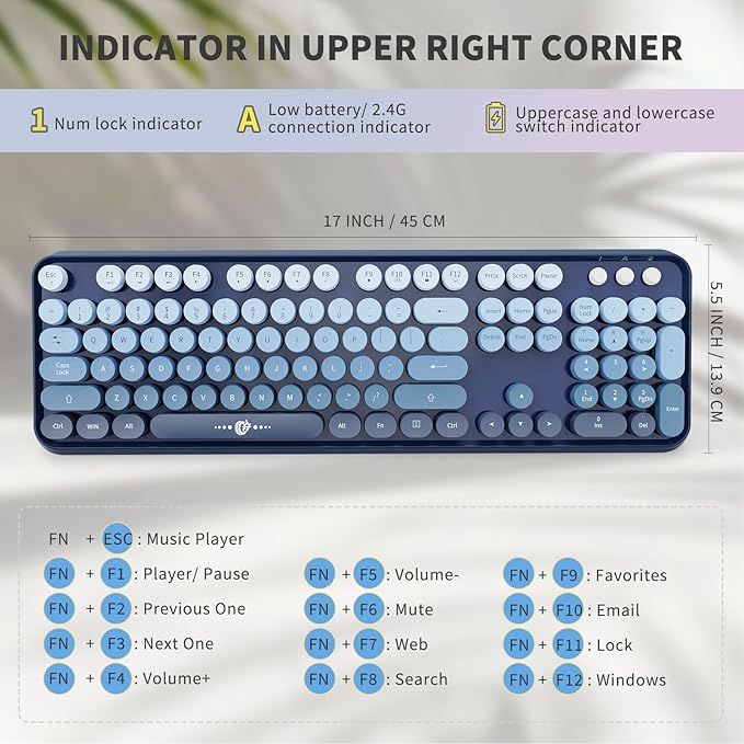 Wireless Keyboard and Mouse Combo,Retro Typewriter Style Gradient Blue Keyboard with Cute Bubble Round Keycaps,2.4GHz Full Size Clicky Creamy Keyboard & 3 DPI Mouse for PC Laptop Desktop-Navy Blue