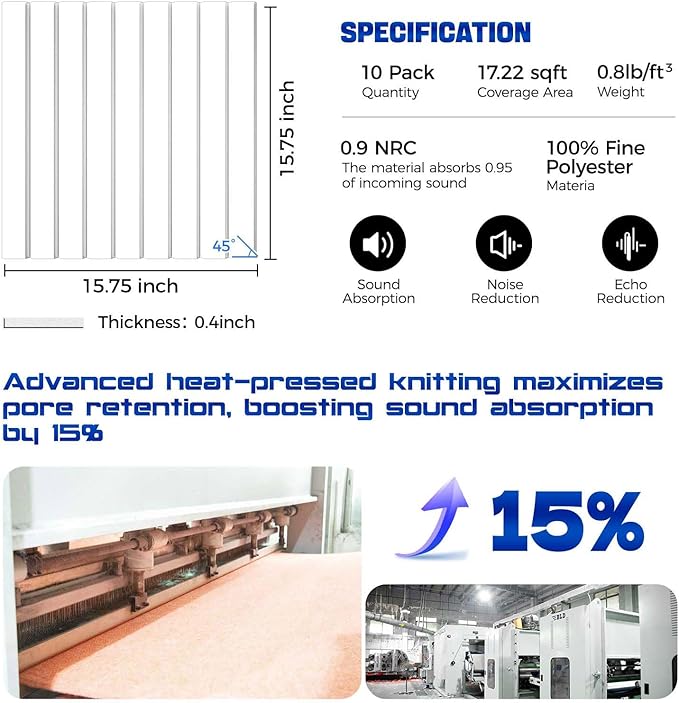10Pack Large Self-Adhesive Soundproof Wall Panels, 15.7 x 15.7 x 0.4in Sound Proof Foam Panels for Walls, 0.9lb/ft³ High Density,Acoustic Panels, Sound Dampening Panels White