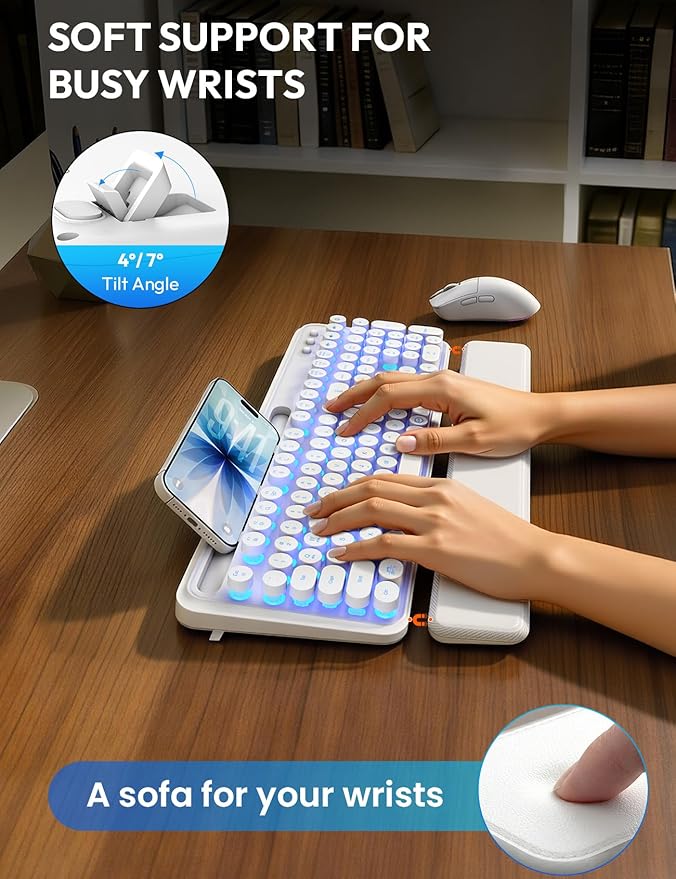 Wireless Keyboard and Mouse Combo - Backlit Typewriter Keyboard with Magnetic Wrist Rest & Phone Holder, Light Up Round Keys, 2.4GHz Cordless Set for Mac, Windows, PC, SABLUTE (Cloud Dancer White)