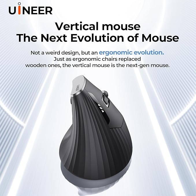 Uineer Wireless Ergonomic Mouse, Bluetooth Mice (BT4.0/5.0 and 2.4G) Rechargeable Vertical Mouse, 3 Multi-Device Connectivity for PC/Mac/Laptop/Computer, 4 DPI Quiet Clicks for Office, Home, Black