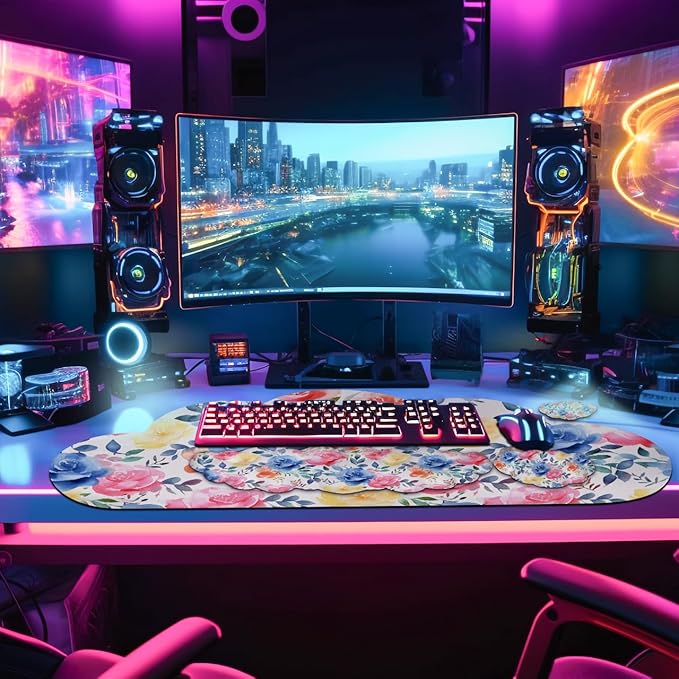 JIKIOU Large Cloud Mouse Pad Waterproof with Cloud Keyboard Wrist Pad and Cloud Mouse Wrist Pad Set, Ergonomic Computer Desk Wrist Support Mousepad for Keyboard and Mouse 35.4x15.7in Colored Rose