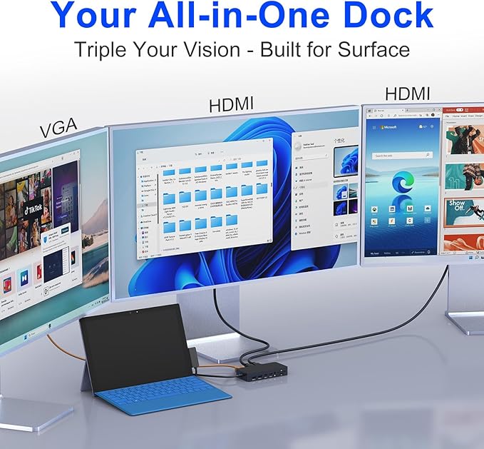 Surface Docking Station, 12-in-1 Triple Displays VGA +Dual HDMI Surface Dock, Surface Docking Station for Surface Pro 11/10/9/8/X/7/6/5/4/3,Surface Laptop 7/6/5/4/3/2/1,Surface Book Go