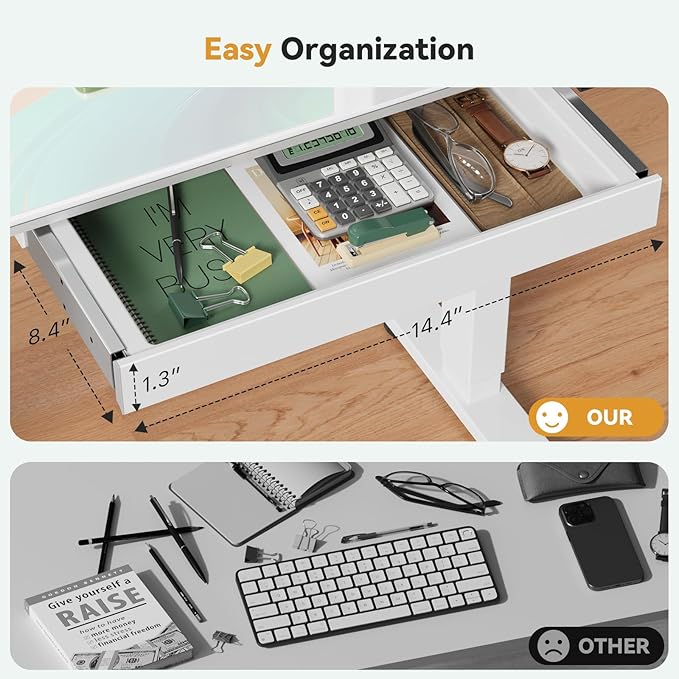 Glass Standing Desk with Drawer, 35×20Inch Whole Piece Height Adjustable Rising Desk, Electric Sit Stand Desk with Wheels, Small Computer Desk, White