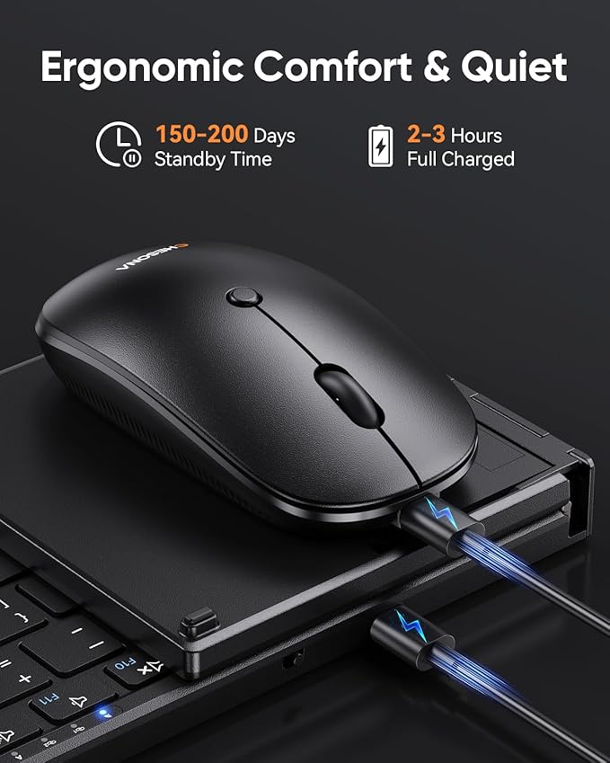 CHESONA Foldable Keyboard and Mouse Combo - Ultra Slim 600g with 2.4G+Dual Bluetooth Compact Wireless Folding Keyboard with Stand - Portable for Business/Travel with Case - Win/Mac/iOS/Android - Black