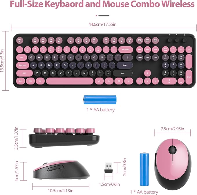 Black Pink Keyboard and Mouse Combo Wireless, 2.4G Full Size 104-Key Retro Typewriter Keyboards Round Keys for Students Teenagers Home Office PC Laptop(Berry Powder)