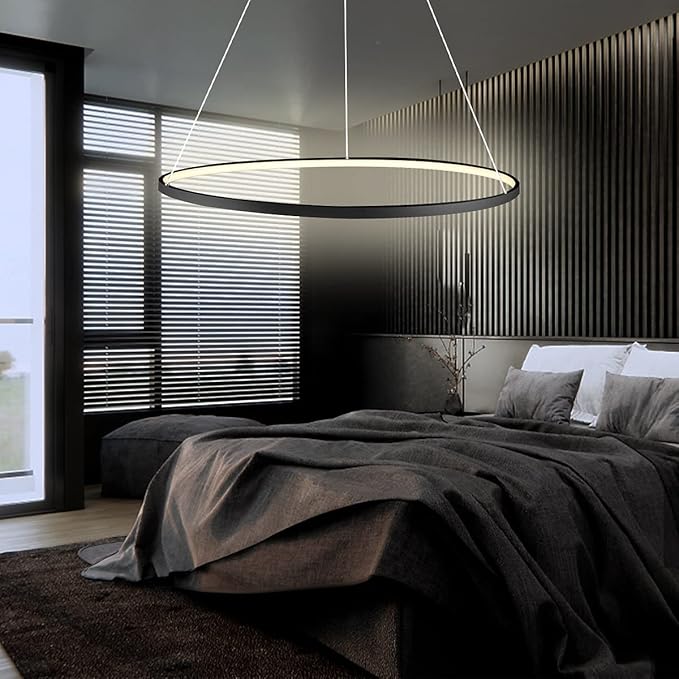 LightInTheBox Modern Pendant Light, 23.6" LED Ring Chandeliers Ceiling Light with Remote Control,Minimalist Halo Hanging Light Fixture Metal Acrylic White for Living Room Dinning Room Bedroom (Black)