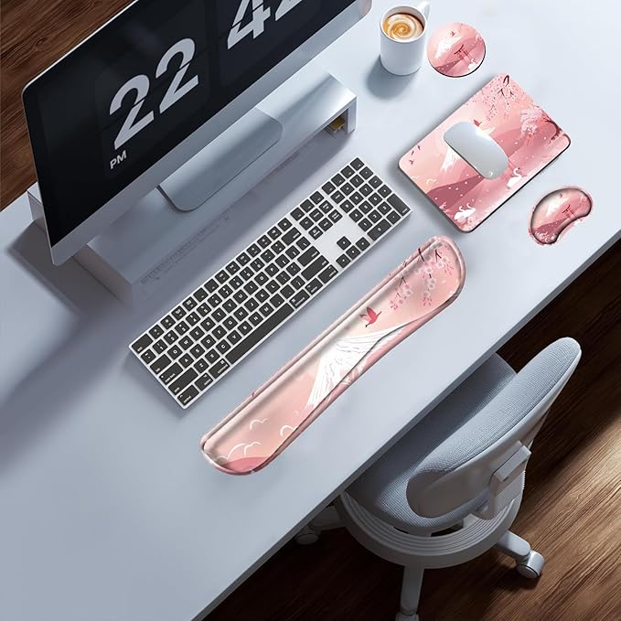 Cherry Blossom Keyboard and Mouse Pad Set Japanese Mousepad with Wrist Support Ergonomic Keyboard Wrist Rest Carpal Tunnel Typing Pain Relief Non-Slip Base Wrist Pad for Mouse