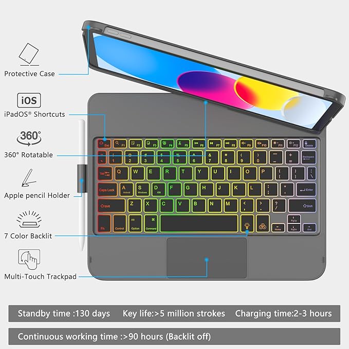 HOTLIFE for iPad A16 11th Generation/10th Generation Case with Keyboard,Touch Keyboard for iPad 11" /10th Gen 10.9 inch 2022-10 Color Backlight, 360° Rotatable Protective Cover (Titanium Gold Grey)