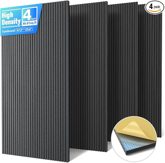 4 Pack Large Acoustic Panels Sound Absorbing with Self-Adhesive, 47.2”*23.6”*0.36” High Density Sound Proof Foam Panels for Walls, 3D Vertical Soundproof Wall Panels for Home Studio Office Decor-Black