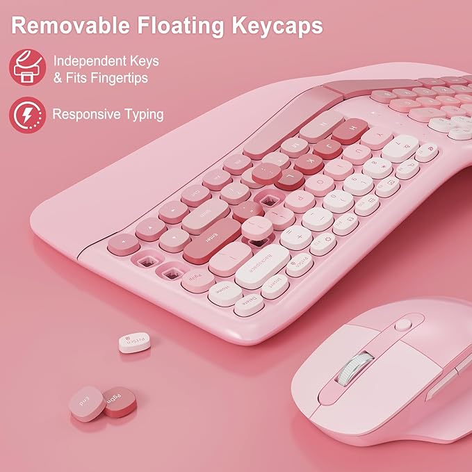 Ergonomic Wireless Keyboard Mouse, Mechanical Gaming Set with Wrist Rest & OTG & Brush Ideal for Windows PC, Home, Office and College Pink