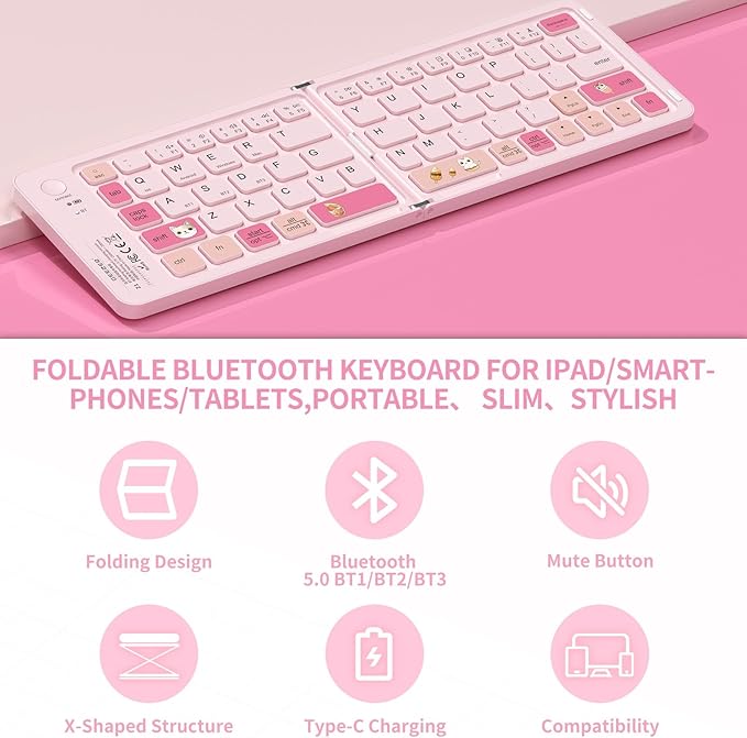 Pink Foldable Mini Bluetooth Keyboard, Portable Compact Wireless Rechargeable Keyboard with 67 Slim Quiet Keys, Cute Pocket-Sized Travel Keyboard for iPad iPhone Android Tablet Mac Windows-Cat Theme