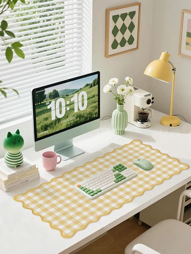 Scalloped‌ Checkered Gingham Desk Mat Cute Yellow Pastel Large Mouse Pad Kawaii Cottagecore ‌Vintage‌ Deskmat Girly Keyboard Computer Mat Aesthetic Desk Pad Office Decor for Women