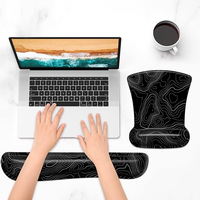 ITNRSIIET Mouse Pad Wrist Support Keyboard Wrist Rest Pad Ergonomic Mousepad Non-Slip Memory Foam Keyboard Pad Easy Typing Pain Relief Perfect for PC Laptop Gaming Office, Topographic Contour Black